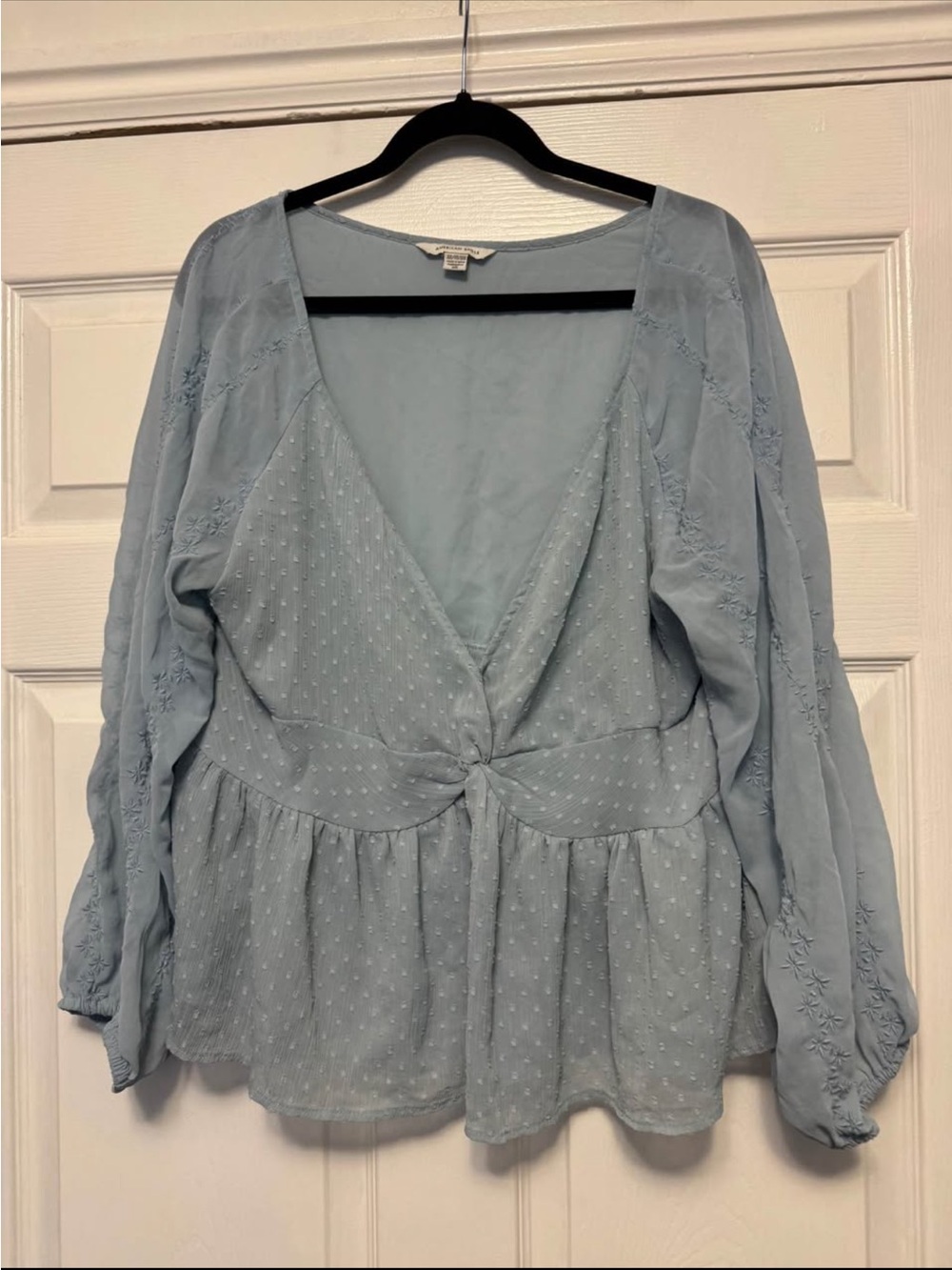 American Eagle Outfitters Light Blue Knot-Front Peplum Blouse